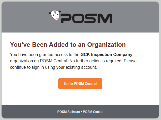 Added to a POSM Central organization email