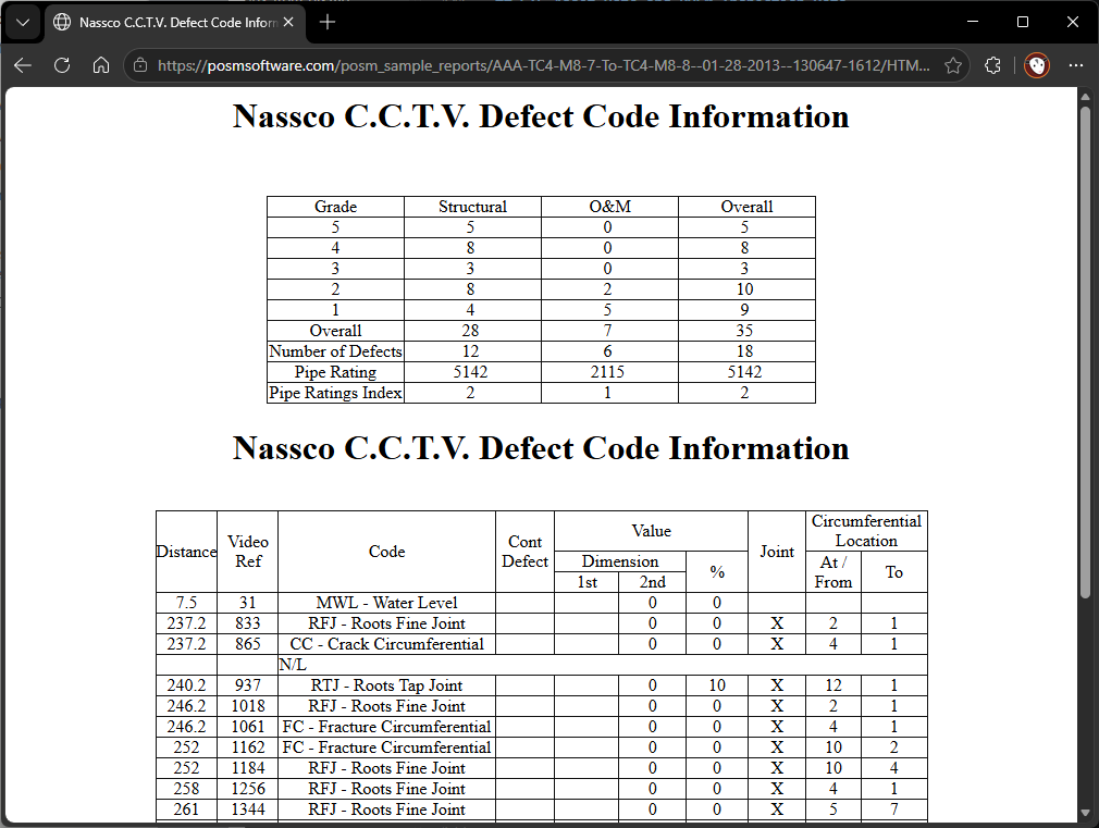 POSM inspection report defect information