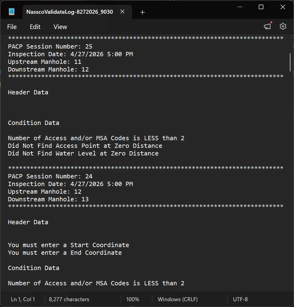 NASSCO validation log