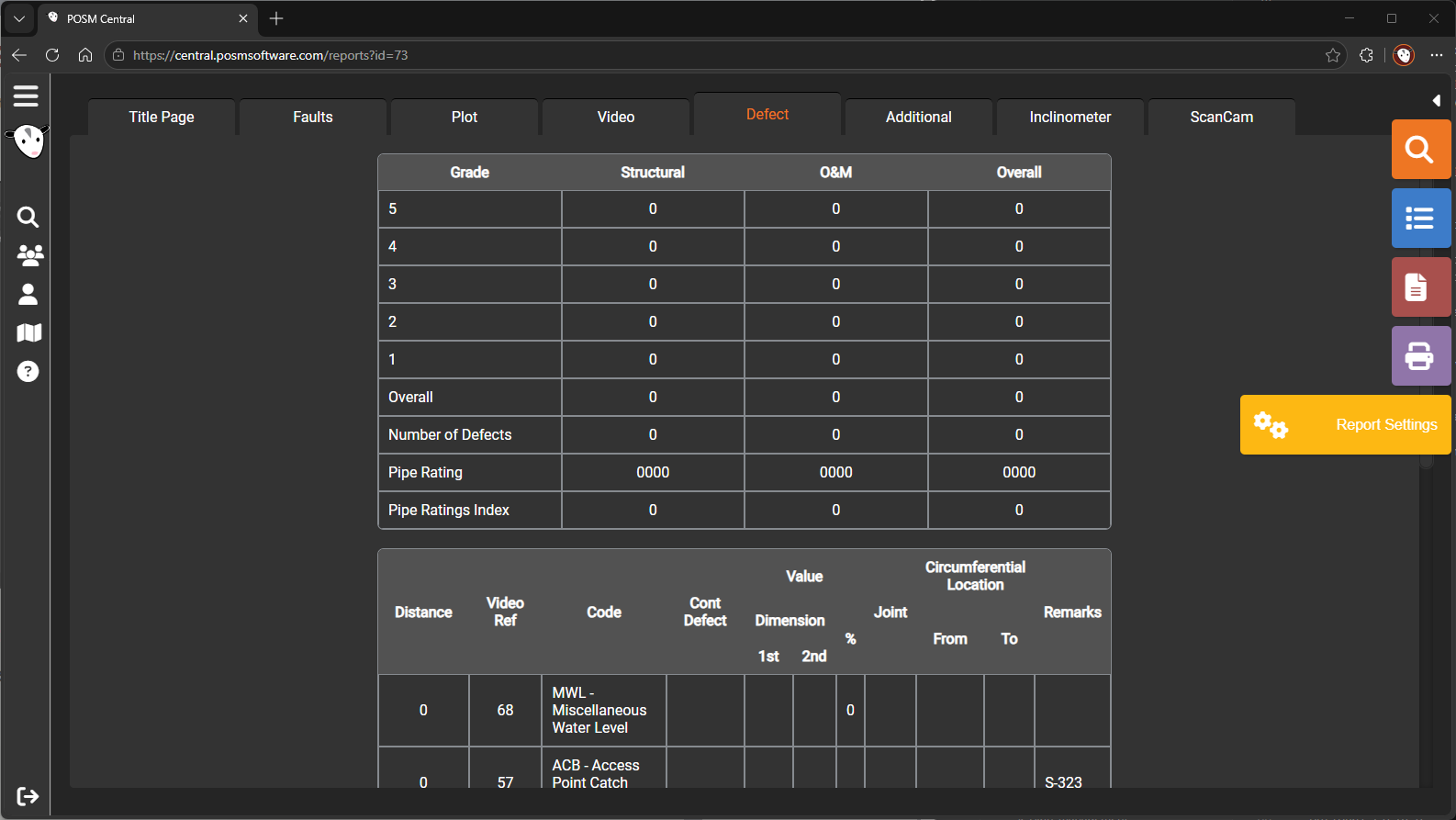 Defect Report Settings button