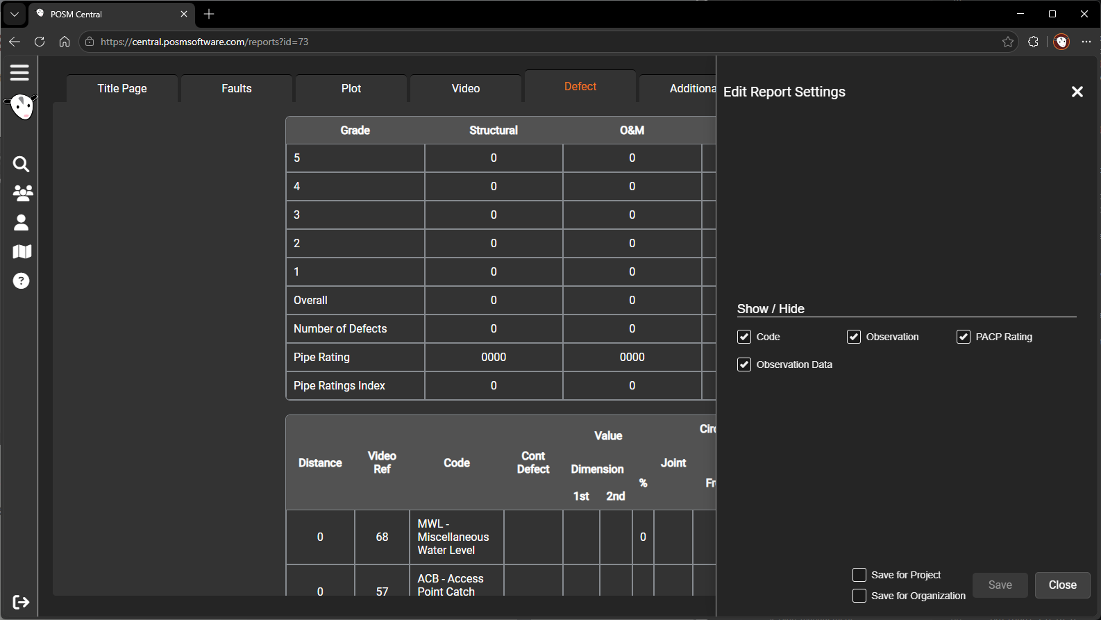 Defect Report Settings window